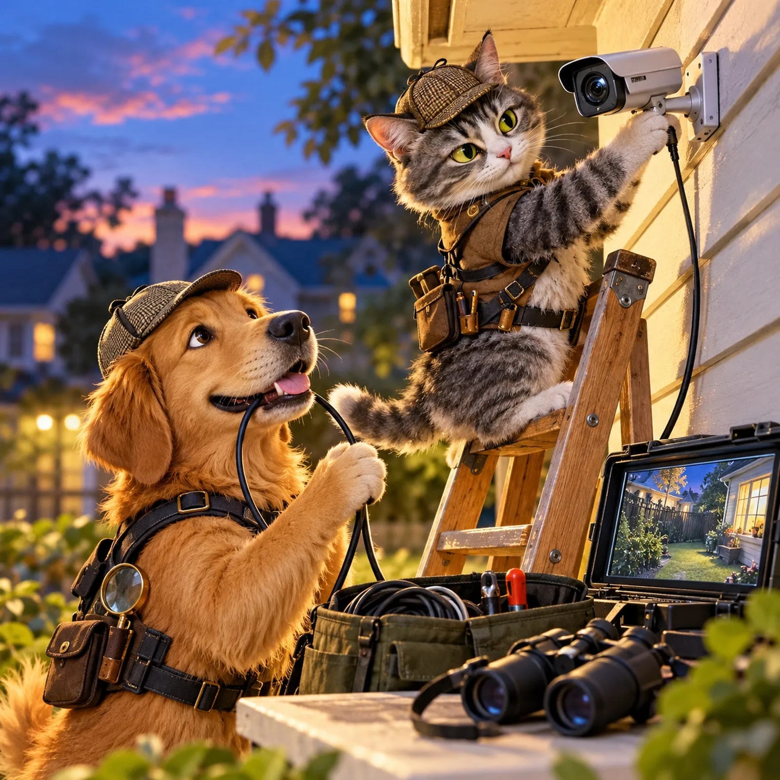 Golden retriever detective holding a cable as a tabby cat installs a surveillance camera at twilight