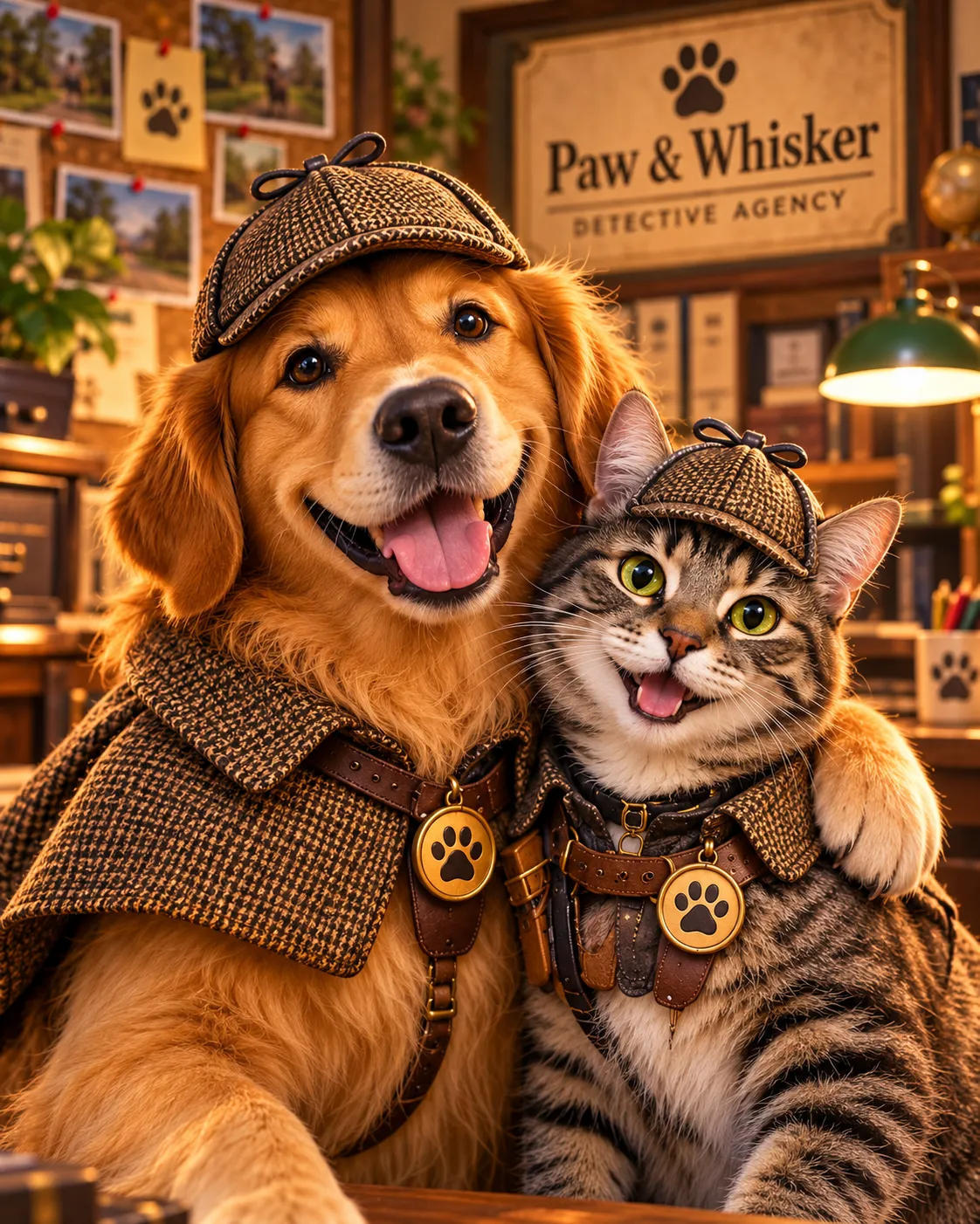 Happy golden retriever and tabby cat detective team together in their office